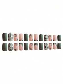 24pcs Medium Square False Nails, Christmas Snowflake Striped Matte Press-On Nails, Full Coverage Removable Nail Set, Perfect For Ladies' Parties, Dances, And Everyday Wear - Army Green - View 4