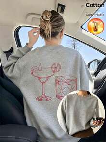 كنزة نسائية واسعة مخصصة للخريف والشتاء، رمادي منقوش ببطانة صوفية، تصميم كاجوال بنقشة كأس كوكتيل وليمون، مناسبة للعطلات - اللون الرمادي الزهري - مشاهدة 12