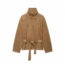 DEEKA Autumn New Women's European And American Style Fashion Minimalist Versatile Belted Suede Texture Effect Jacket - Khaki - View 2