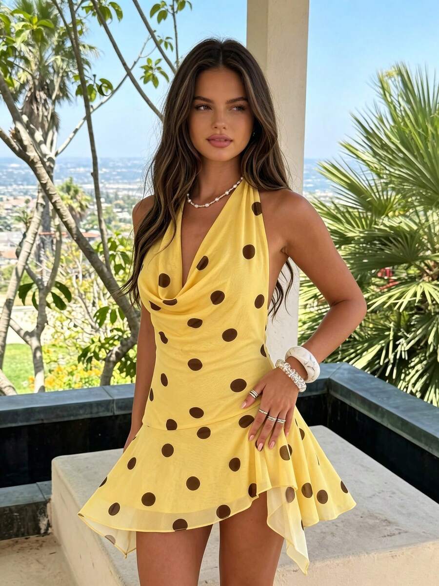 Da Jade Women Polka Dot Halter Mini Dress, Cowl Neck Sleeveless Backless Dress, Irregular Ruffle Hem Slim Fit Short Dress For Vacation - Yellow - View 1