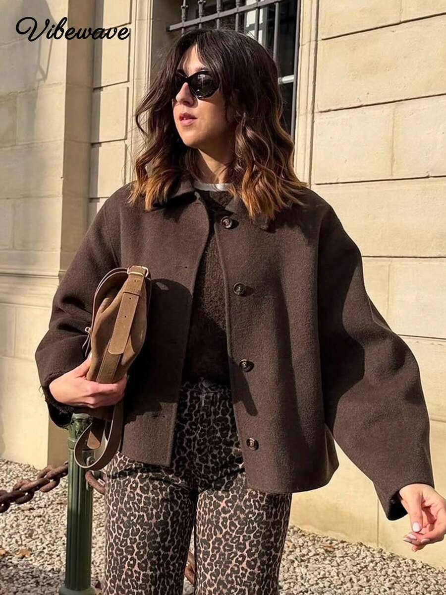 VIBEWAVE Dark Brown Lapel Single-Breasted Short Overcoat, European & American Retro Old Money Style Loose Drop Shoulder Wool Overcoat, Autumn/Winter City Street Style Commute Cafe Casual Outerwear - Mocha Brown - View 1