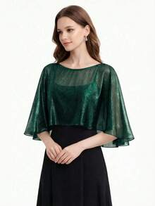 1pc Shiny Short Cape Bridal Evening Dress Outerwear Lightweight Mesh Party Wedding Jacket - Mint Blue - View 5