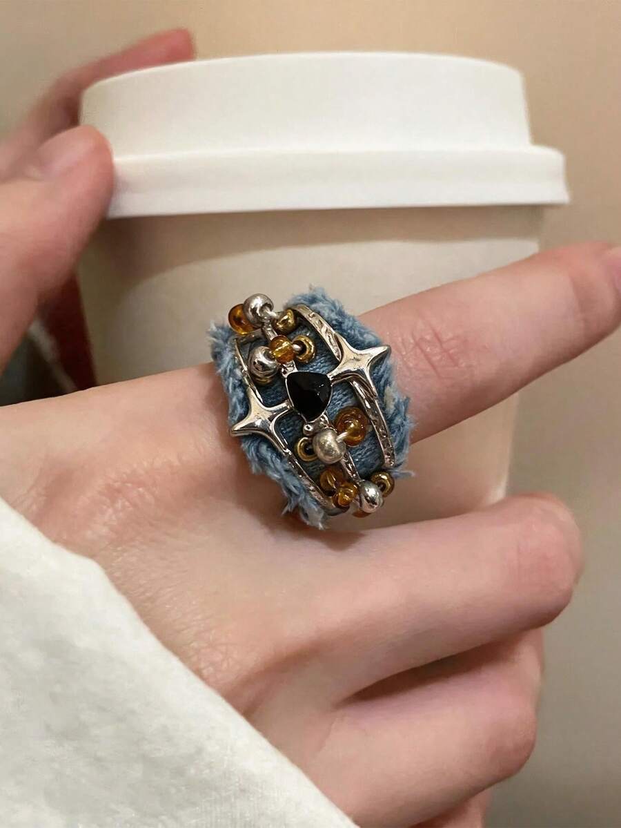 1pc Women's Multi-Color Metal Four-Pointed Star Heart Denim Vintage Versatile Ring, Suitable For Daily Wear, Outfits, Gatherings, Balls And Parties - Multicolor - View 1