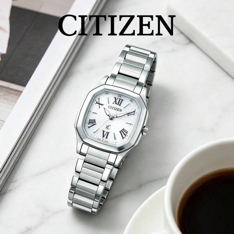 Citizen Women Silver Steel Band -Drive Radio Watch Retro Square Office Ladies Analog Wristwatch Gift For Her ES5050-57A - ES5050-57A - View 1