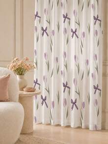 2PCS Purple Tulip Bow Print High Density Mesh Curtains, Light Filtering Rod Pocket Window Panels - Multicolor - View 1