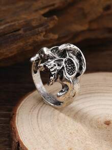1pc Dark Gothic Distressed Large Skull Ring, 3D Carved Black Base Open Band, Vintage Motorcycle Style Jewelry - Antique Silver - View 4