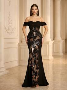 VIPGIRL Elegant Women Black Sleeveless V-Neck Mesh Sequin Slit Long Evening Gown, Suitable For Proms And Formal Events - Black - View 3