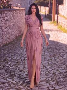 EVERPRETTY Autumn Elegant Charming Pink Sequin Embroidered V-Neck Batwing Sleeve Slit Evening Gown Formal Dress Suitable For Party, Dinner, Semi-Formal Occasions - Dusty Pink - View 2