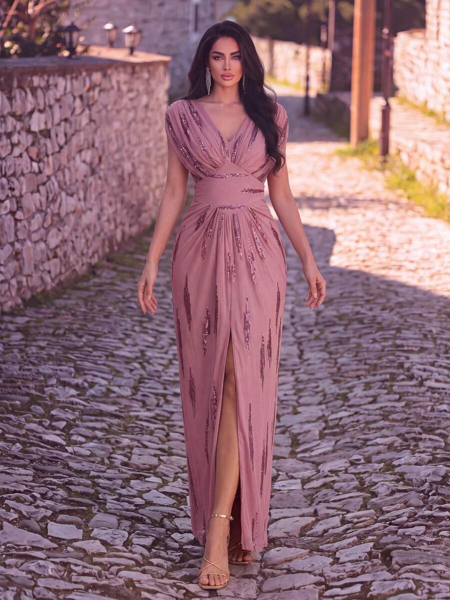 EVERPRETTY Autumn Elegant Charming Pink Sequin Embroidered V-Neck Batwing Sleeve Slit Evening Gown Formal Dress Suitable For Party, Dinner, Semi-Formal Occasions