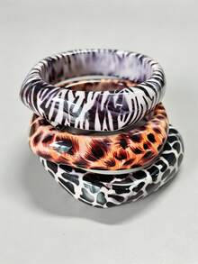 3pcs Set Fashionable Zebra Print Leopard Print Cow Print Resin Bracelet Set, Autumn/Winter Charming Women's Cuff Bangle, Asymmetrical Square Thick Bracelet - Multicolor - View 3