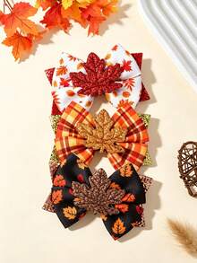 2/3PCS Children Maple Leaf Print Bow Hair Clips, Sequin Bow Cartoon Maple Leaf Accessory Decorative Hair Clips, Suitable For Autumn/Winter Outdoor Wear - Multicolor - View 10