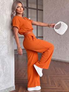 Women's Spring/Summer Casual Daily Vacation 2 Pieces Set, Autumn V-Neck Lightweight Non-Stretch Short Sleeve Home/Commute Elegant 2 Pieces Set, Suitable For Casual Commute, Vacation, Dating And Outdoor Activities - Orange - View 3