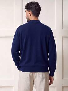 Voidago Men's Solid Color Long Sleeve Casual Versatile Zip-Up Stand Collar Sweater, For Fall Winter - Navy Blue - View 2