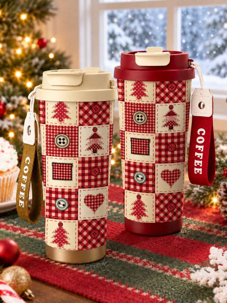1pc 18oz/530ml Christmas Plaid Insulated Coffee Tumbler, Stainless ...