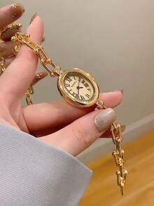 女款金色橢圓石英手錶，精緻小巧，適合日常配戴，生日與畢業禮物，休閒聚會 - 金色 - 查看 10