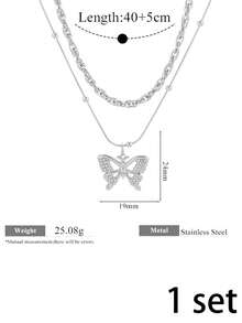 2/1 Pc Fall Decor Layered Butterfly Pendant Necklace Set Double Chain Inlaid Rhinestone Clavicle Necklaces Women Fall Style Jewelry Women - Silver - View 7