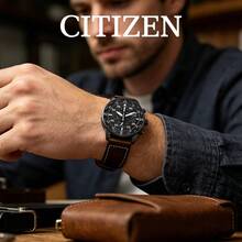 CITIZEN Men's -Drive Chronograph Watch Matte Black Case Direction Compass Markings Multi Sub-Dials Date Display Vintage Brown Stitched Leather Strap - Brown - View 4