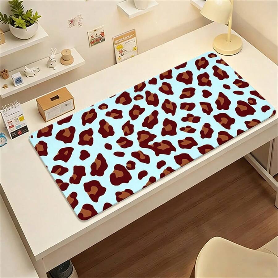 Cute Retro Leopard Pattern Faux Leather Desk Pad, Light Blue Background ...