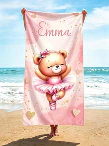 Custom Name Pink Ballerina Teddy Bear Beach Towel, Soft Absorbent Microfiber Towel, Lightweight For Beach Pool Camping Travel, Girls Kids Gift - Multicolor - View 2