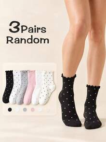 1/3/5 Pairs, Random Colors,Women's Polka Dot Ruffle Crew Socks, Cute Lettuce Trim Knit Socks For Mary Janes & Loafers - Multicolor - View 7