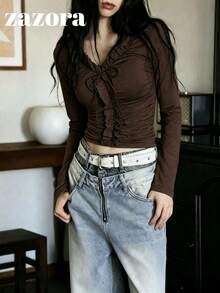 Korean Style Niche Exquisite 3D Ruffle Trim Long Sleeve T-Shirt For Women, Unique Inner Layer Top - Brown - View 9
