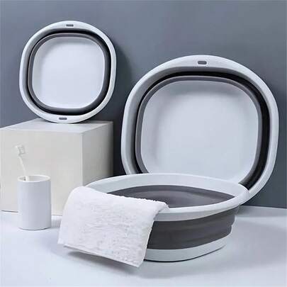 1/3pcs Convenient And Stylish Grey Folding Wash Basin, Portable Collapsible Wash Basin, Suitable For Washing Underwear, Foot Bath, Applicable For Home, School, Office, Car And Other Places, Space-Saving, Lightweight And Easy To Fold, Suitable For Foot Bath Basin Use. Easy To Clean, Lightweight And Expandable.