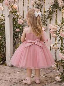 Baby Girls Bow Flower Mesh Princess Dress Suitable For Party Flower Girl, Fabric Floral Pattern Random Cut, Headband Not Included - Dusty Pink - View 3