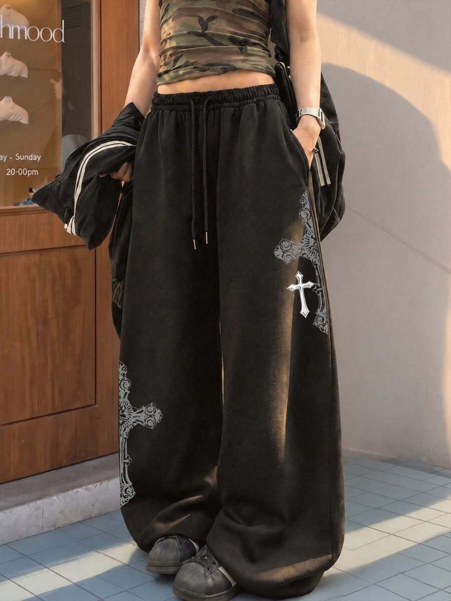 Autumn And Winter Women's Fun "Dark Thorn Cross" Pattern Printed Street Fashion Black Front Pocket Simple Daily Straight Leg Pants - Black - View 1