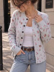 Áo cardigan len nữ họa tiết gấu nơ hoa dễ thương, tay dài cài nút phía trước, áo len mặc layer thời trang thường ngày cho mùa thu đông, trang phục đi học - Xám - Xem 4