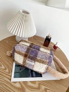 Autumn/Winter Atmosphere Plaid Plush Handbag Tote Storage Bag Large Capacity Portable Skincare & Makeup Organizer Bag - Multicolor - View 10