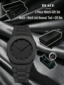 Black Minimalist Octagonal Dial Quartz Watch 3-Piece Gift Set - Includes Watch, Strap Removal Tool And Gift Box, Complete Casual Wristwatch Set, Suitable For Children, Students And Teenagers - Multicolor - View 2