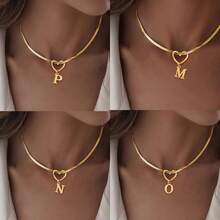 1pc New Classic Letter Hollow Heart Pendant Necklace, Unisex Gold-Tone Chain Letter Necklace, Birthday Gift Jewelry - Gold - View 8