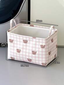 1pc Bear Print Checkered Storage Bin, Sweet Minimalist Style Fabric Rectangular Shape With Carry Handle Detail, Foldable Large Capacity Clothes Sundries Storage Organizer, For Bedroom Home Daily Use All Season Household Decor - Multicolor - View 10