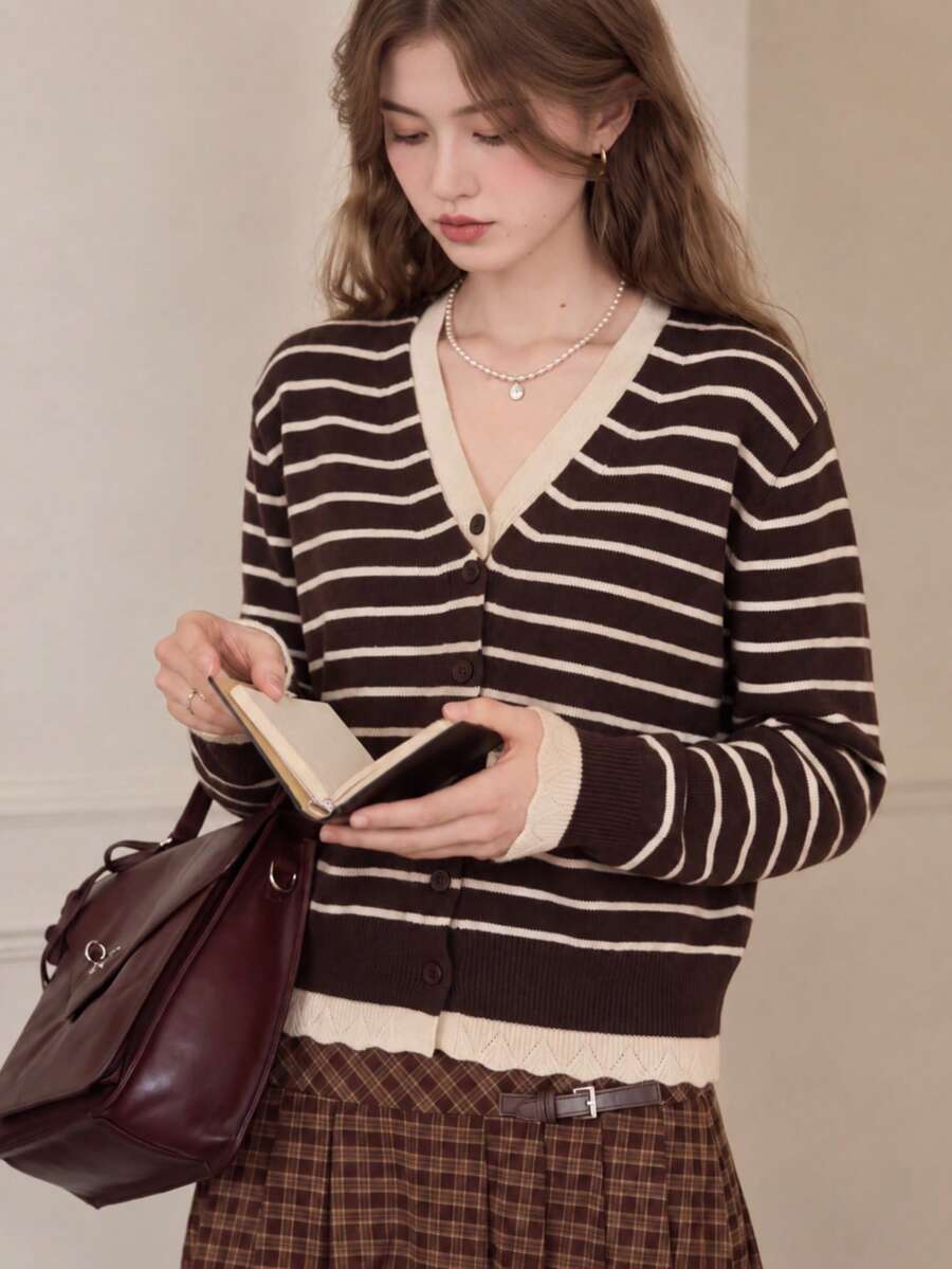Women's Autumn Casual Elegant Classic Striped 2 In 1 Knit V-Neck Cardigan - Coffee Brown - View 1