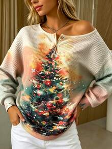 Plus Size Women's Christmas Print Loose Casual Stand Collar Three-Button Crew Neck Sweatshirt - Apricot - View 3