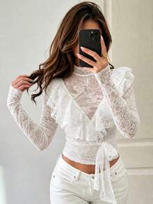 Women's Lace Patchwork Blouse, Elegant Casual French Style Ruffle Trim Cut White Top - White - View 4