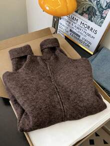 Women's Stand Collar Zip-Up Knit Cardigan Sweater Jacket, Autumn/Winter - Brown - View 5