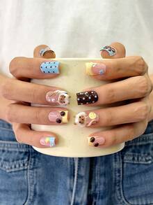 10pcs/Set Y2K Nails Handmade, Cute Nails, Pink Nails, 3D Kitten Pattern Nails & 3D Button Nails, Brown Stripe Nails, Perfect For Parties & Daily Wear. Square Nails. Handmade Press On Nails Square, Short Nails, Fake Nails, Handmade Nails, Fall Nails - Multicolor - View 2