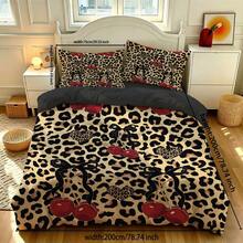 3pcs Leopard Print Bow & Cherry Pattern Duvet Cover Set (1 Duvet Cover + 2 Pillowcases), Breathable, Comfortable, Soft, Suitable For Single/Double/Queen/King Size Bed, Machine Washable, Room Decor, Dorm Bedding, Autumn Decoration, Christmas - Multicolor 02 - View 14