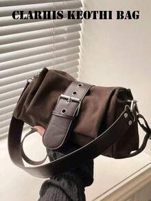 Women's Suede-Textured Shoulder Bag With Eyelet Buckle Decor, Detachable Wide Strap, Crossbody Wear, Multi-Pocket Storage, American Retro Style, Autumn/Winter Daily Commuter Vibe - Coffee - View 10
