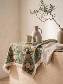 1pc Green Background Vintage Autumn Dandelion Jacquard Tablecloth, Natural Rustic Style Jacquard Fabric Square Beige Tassel Edge Detail Stain-Resistant Protective Desktop Functional Home Dining Table Cloth Suitable For Daily Home Use And Natural Table Setting Scenes - Green - View 9
