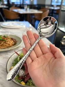3/6/12pcs Stainless Steel Spoon Set, Creative Hammered Texture Dessert Spoon, Honey Spoon, Round Head Spoon For Home Use - Silver - View 5