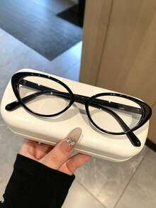 New 1pc Cat Eye Plain Lens Glasses, Versatile Solid Color, No Case Included - Black - View 1