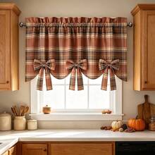 1pc Vintage Brown Plaid Bowknot Window Curtain, American Country Style Short Rod Pocket Curved Hem Kitchen Decor Window Blind, Drill-Free Small Window Room Commercial Shelf Covering Decorative Curtain Designer Premium - Multicolor - View 6