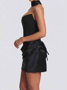 Elegant Fashion Strapless Sexy Backless Satin Dress Draped Lace Up Mini Bodycon Dress Summer Black Evening Night Out Party Dress For Women Clothes - Black - View 10