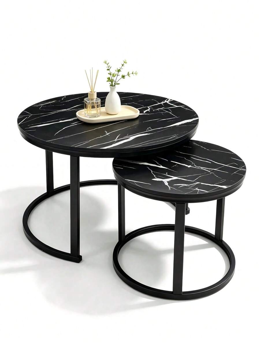 1 Set Round Nesting Tables,Coffee Table Set, Faux Marble Top & C-Shape Metal Base, Stackable Coffee Side Tables For Living Room Bedroom,Space Saving,Modern Accent Tables For Small Spaces