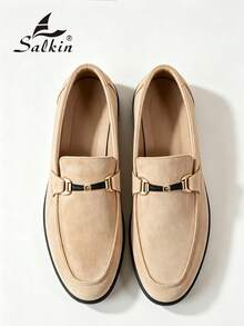 Salkin 經典設計男士莫卡辛鞋，平價奢華一腳蹬樂福鞋，男士柔軟麂皮米色鞋，休閒平底開車鞋 - 米色 - 查看 10