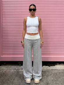 Women's Casual Loose Straight Leg Patchwork Sweatpants With Contrast Hem - Light Grey - View 4