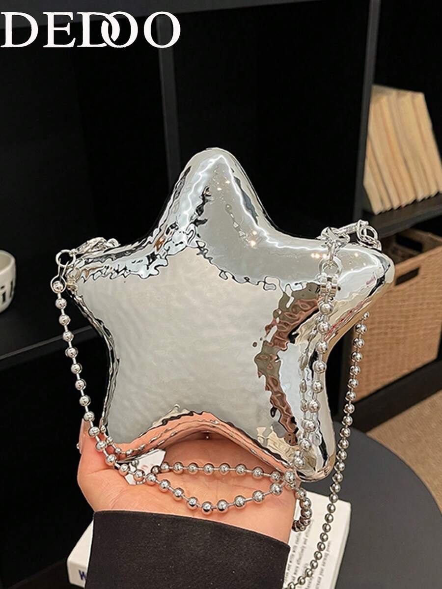 Dedoo 女款斜挎包 星形硬殼包 純色鏡面光澤 金屬感 珠飾鏈條肩帶 極小收納空間 未來感風格 適合女性派對與約會