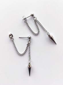 1 Pair Men's Full Stainless Steel Bullet Head Pendant Front & Back Style Chain Stud Earrings, Hypoallergenic Punk Style - Silver - View 2